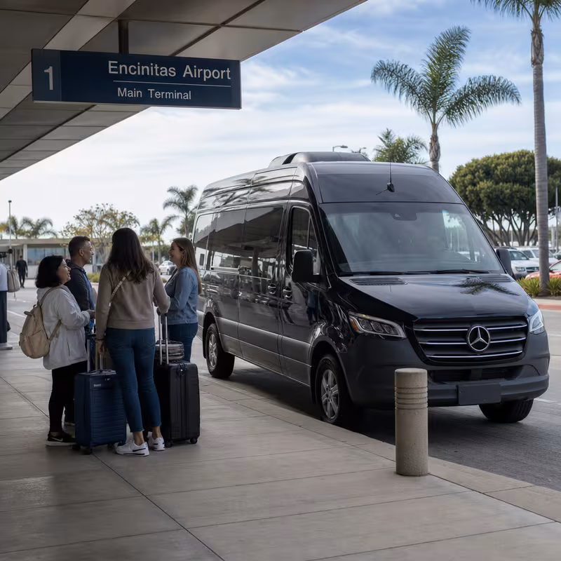 Group boarding a white charter bus for Airport Transportation transportation in Encinitas