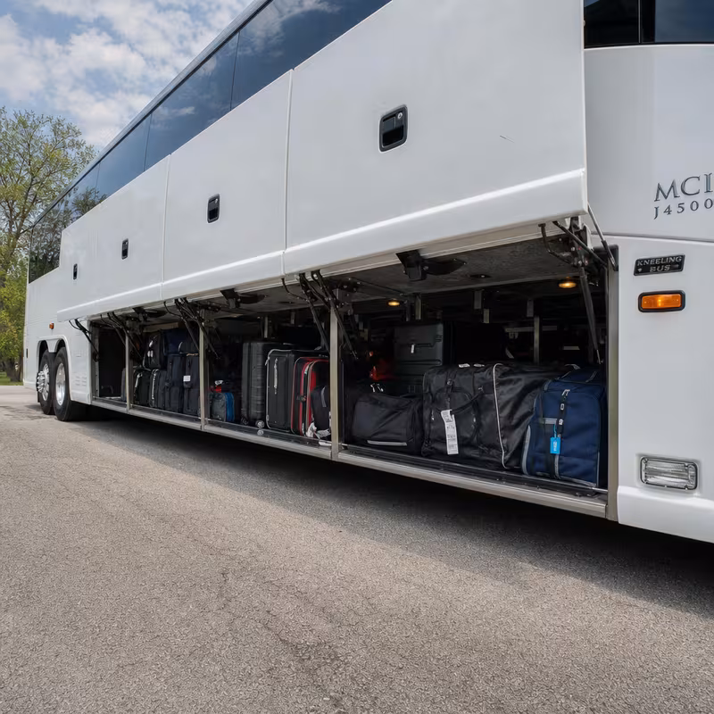 Party bus interior with wraparound leather seating and LED lighting in Encinitas