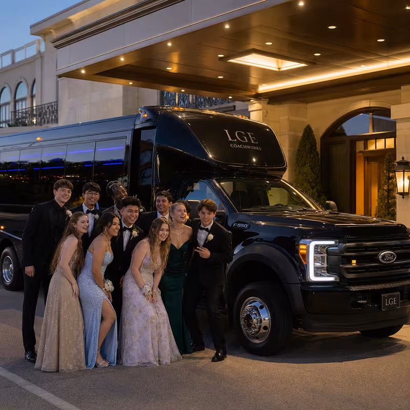 Party bus interior with wraparound leather seating and LED lighting in Encinitas