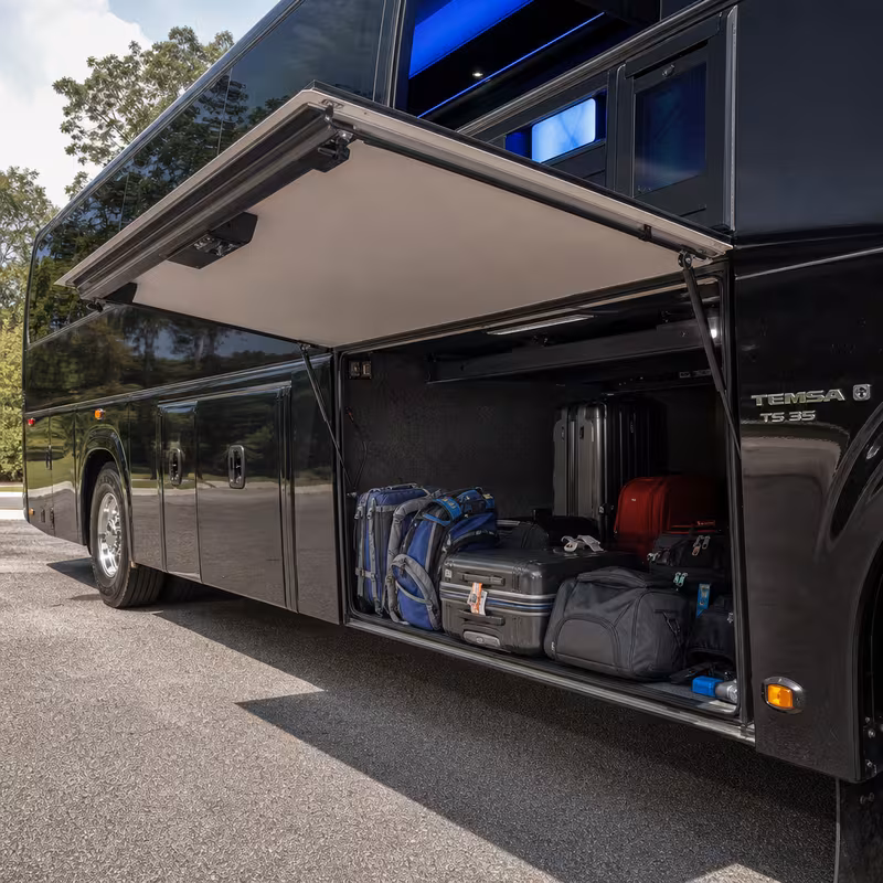 Party bus interior with wraparound leather seating and LED lighting in Encinitas